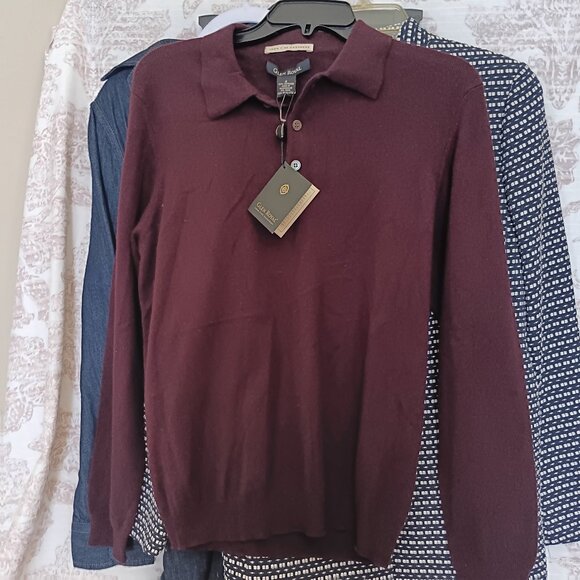 Men's Wine Burgundy Cashmere Classic Polo Sweater - Picture 1 of 5